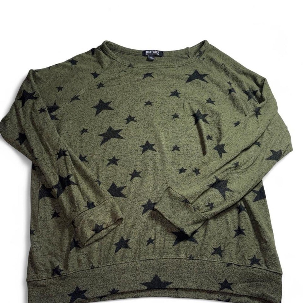 Buffalo David Bitton olive green sweatshirt with black stars, size L